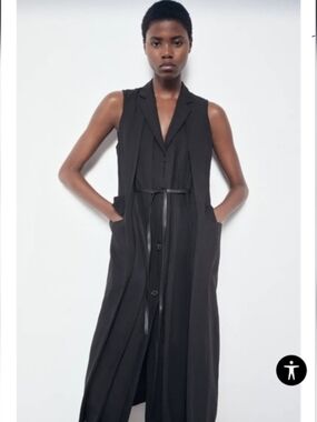 Zara Sleeveless Long Black Trench Vest Dress